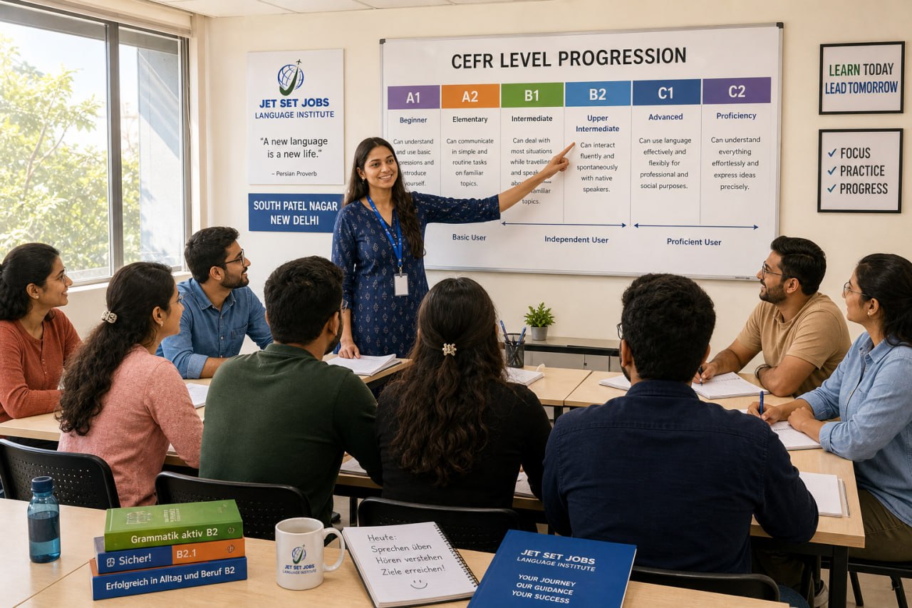 German A1 to B2 language course classroom at Jet Set Jobs institute South Patel Nagar
        New Delhi Delhi