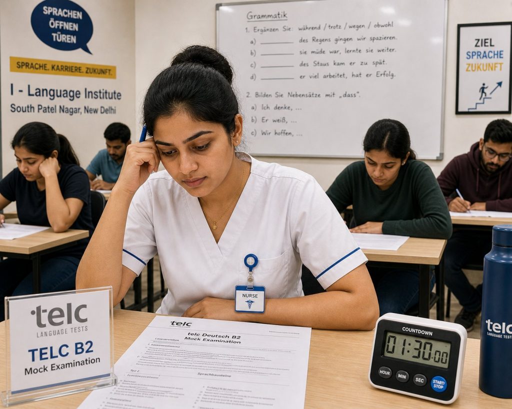 Indian nurse in scrubs sitting TELC B2 mock examination at Jet Set Jobs language institute South Patel Nagar New Delhi — countdown timer on desk