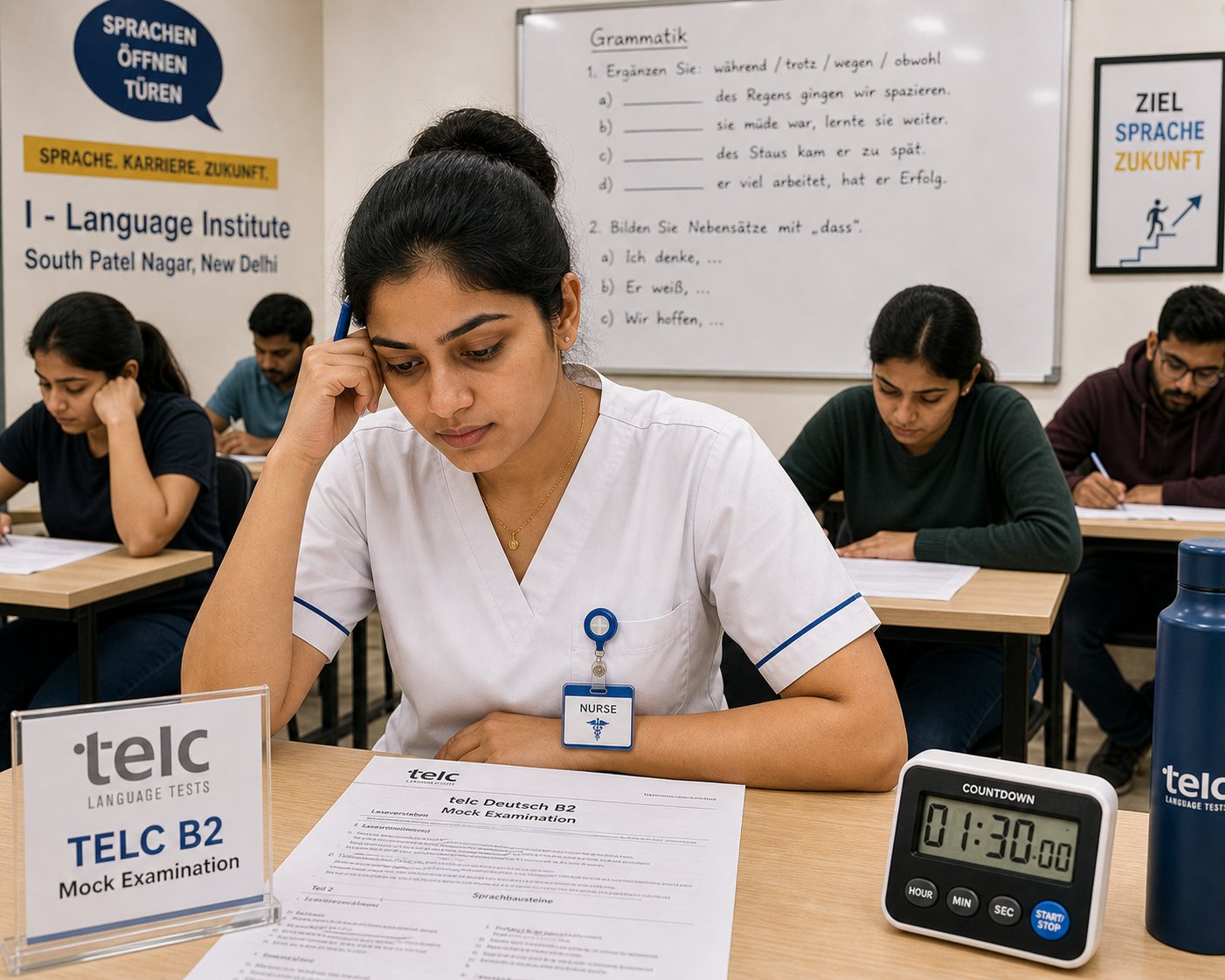 Indian nurse in scrubs sitting TELC B2 mock examination at Jet Set Jobs language institute South Patel Nagar New Delhi — countdown timer on desk