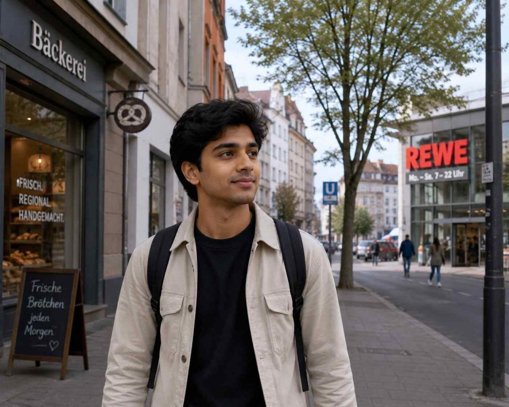 Young Indian Ausbildung candidate walking confidently through a clean German city street, looking settled and curious