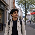 Young Indian Ausbildung candidate walking confidently through a clean German city street, looking settled and curious