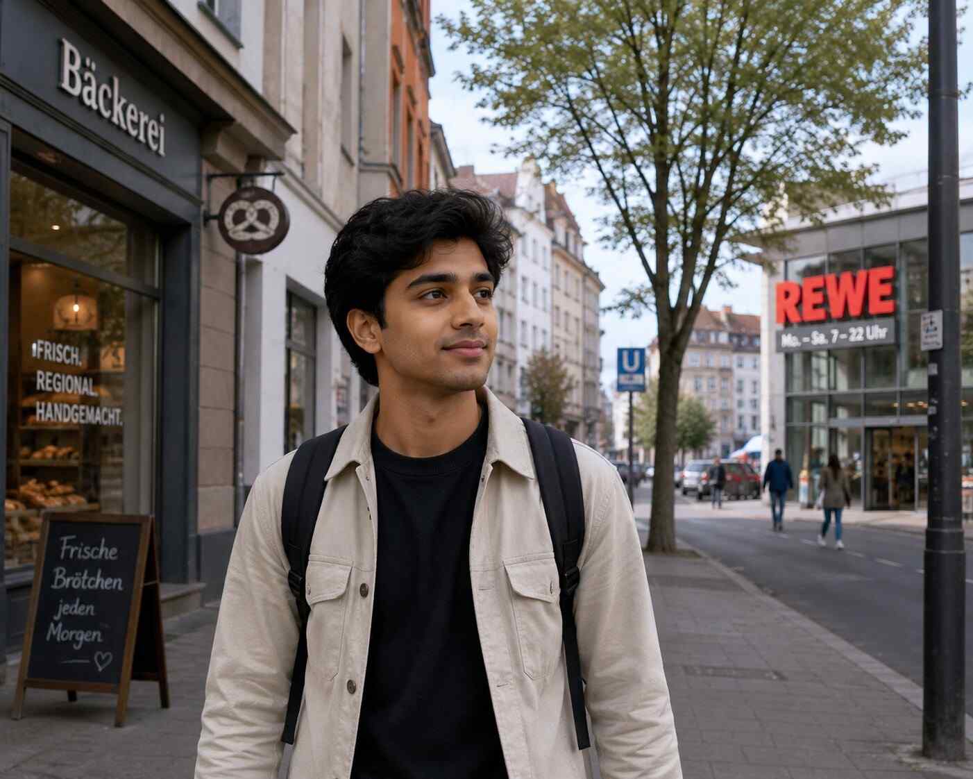 Young Indian Ausbildung candidate walking confidently through a clean German city street, looking settled and curious