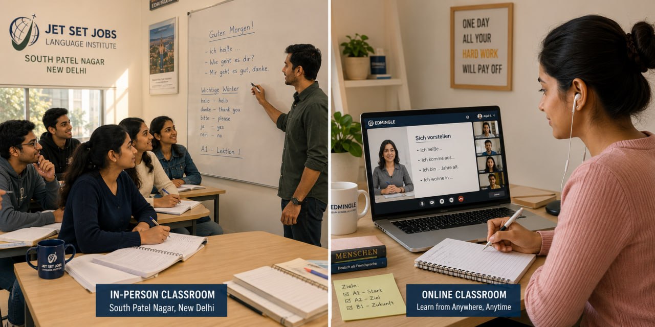 German language course offline vs online comparison at Jet Set Jobs South Patel Nagar Delhi