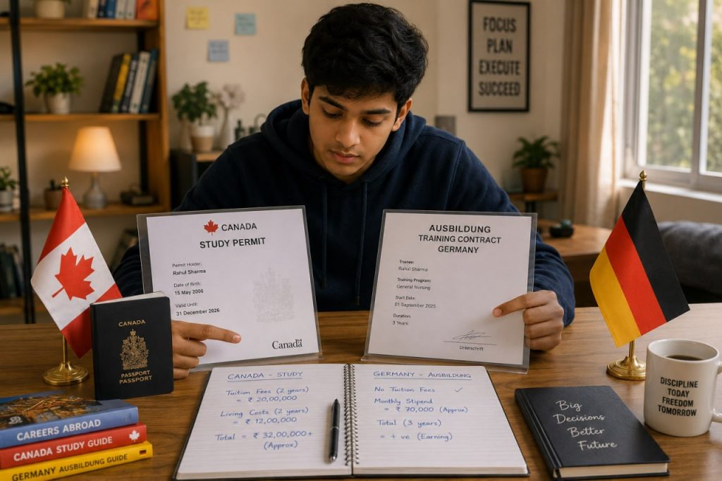 Young Indian student comparing a Canada study permit document and a Germany Ausbildung training contract, thoughtful decision moment