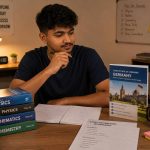 Young Indian PCM student at a crossroads - one path showing a German facility, the other showing an Indian engineering college