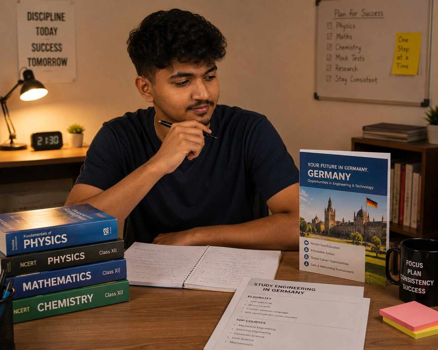 Young Indian PCM student at a crossroads - one path showing a German facility, the other showing an Indian engineering college