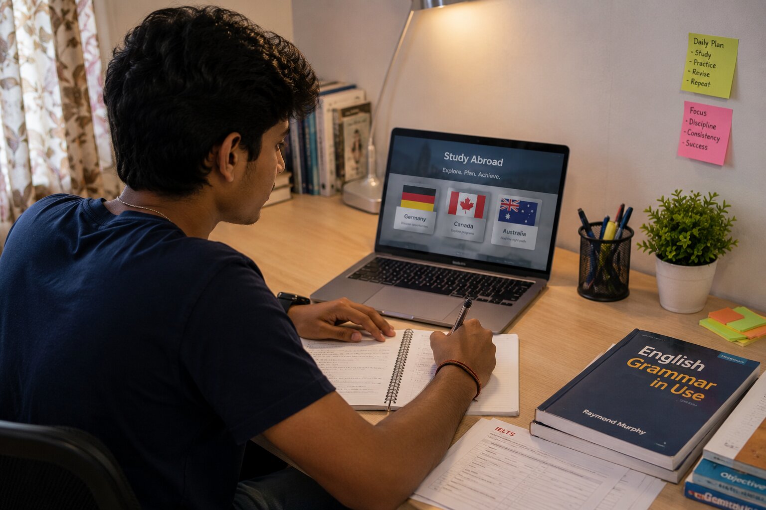 Young Indian student sitting at a desk comparing country options on a laptop — Germany, Canada, and Australia flags visible on screen