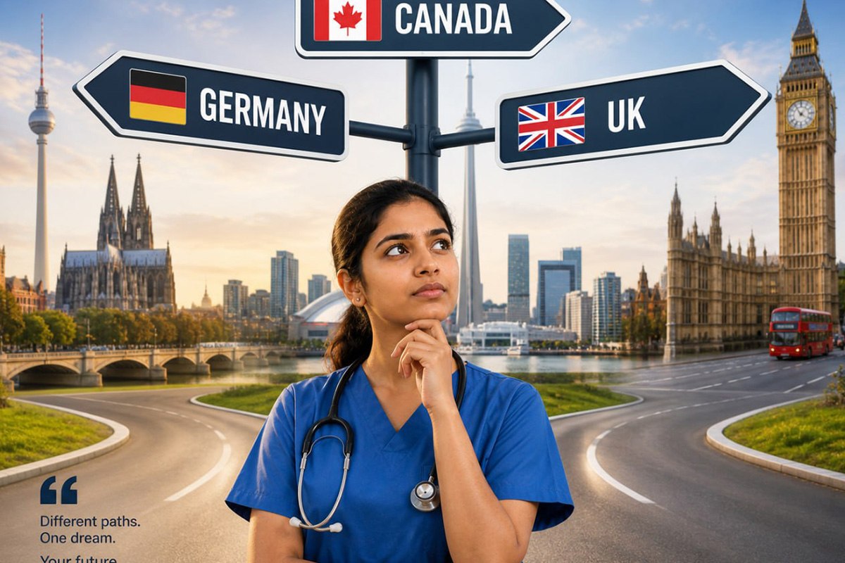 Indian nurse at a crossroads with signposts pointing to Germany, Canada, and UK flags