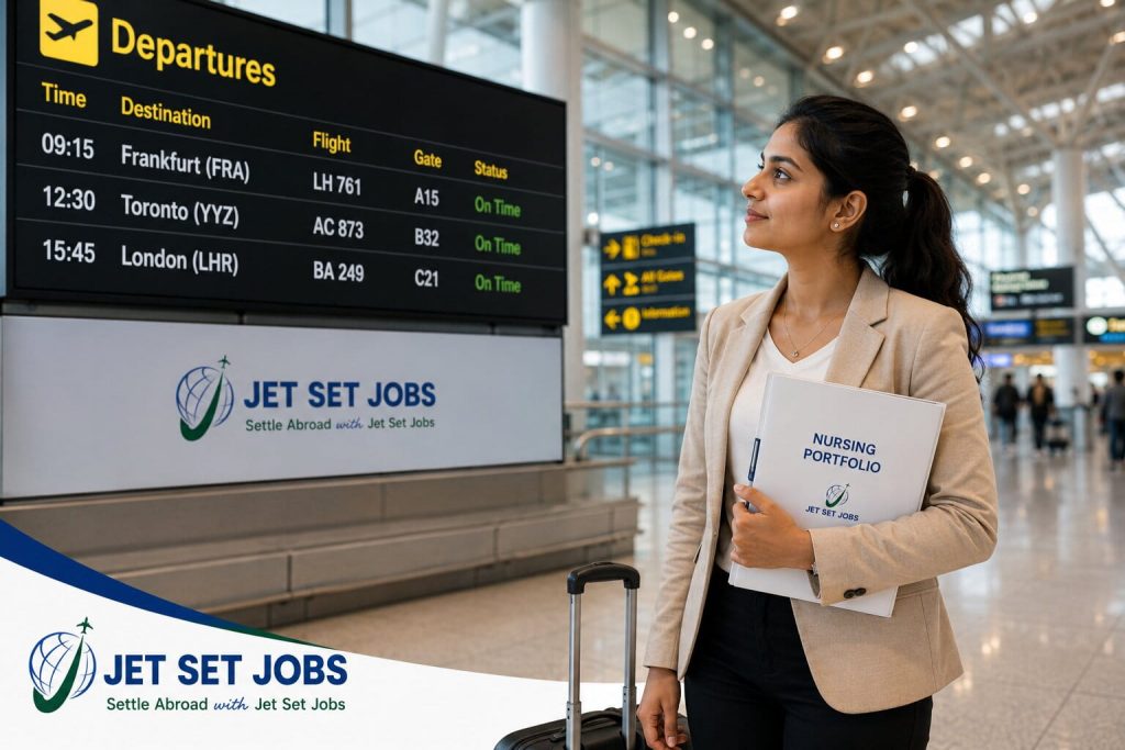 Indian nurse at an airport looking at a departures board showing flights to Germany, Canada, and UK