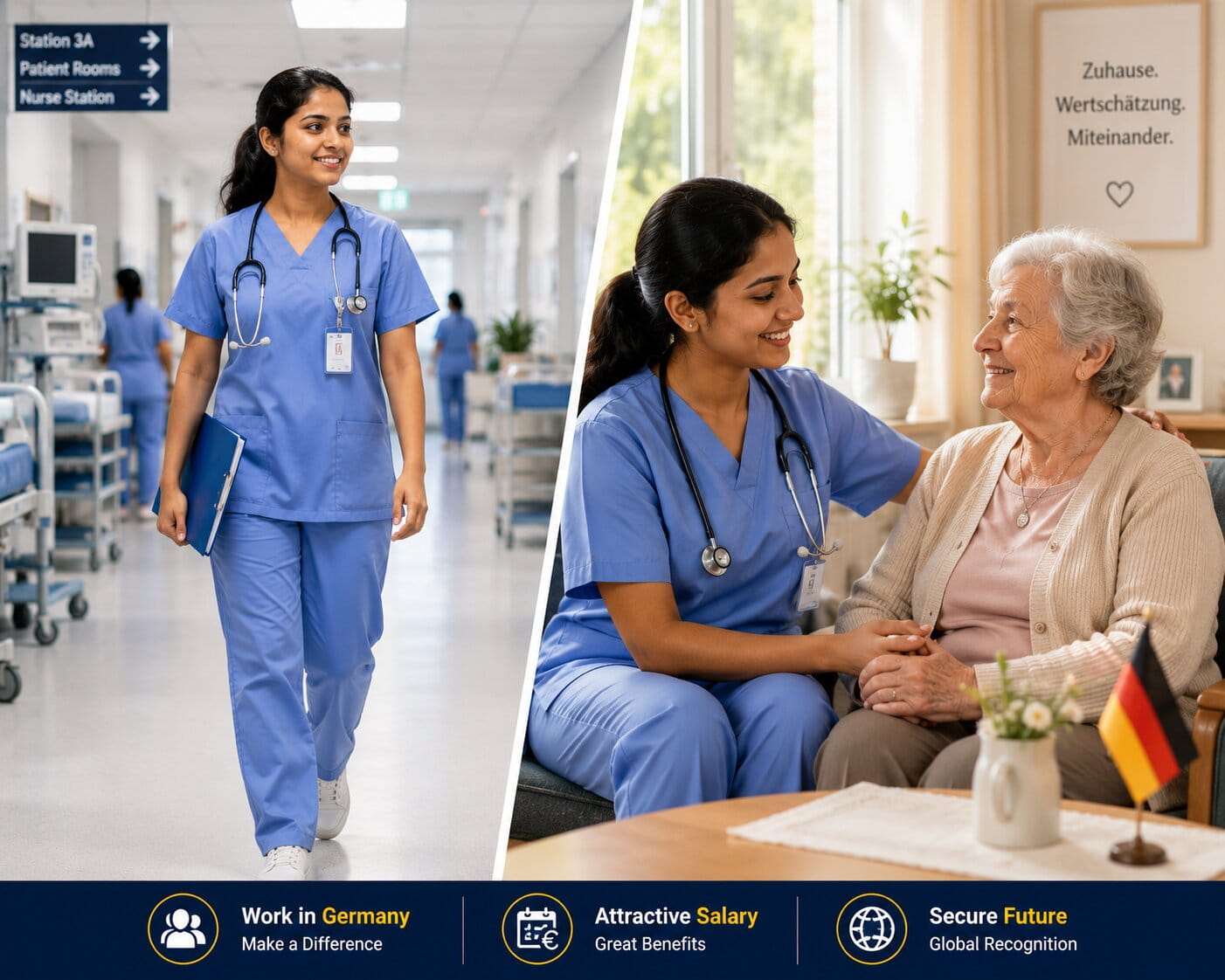 Indian nurse in a hospital corridor and Indian nurse in a care home lounge —         comparing two Germany nursing settings