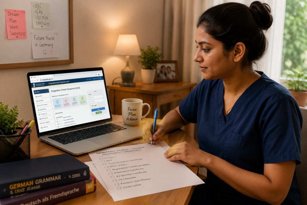 Indian nurse sitting at a desk on a laptop, looking at what appears to be a government verification portal, focused and confident expression, natural light