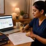 Indian nurse sitting at a desk on a laptop, looking at what appears to be a government verification portal, focused and confident expression, natural light