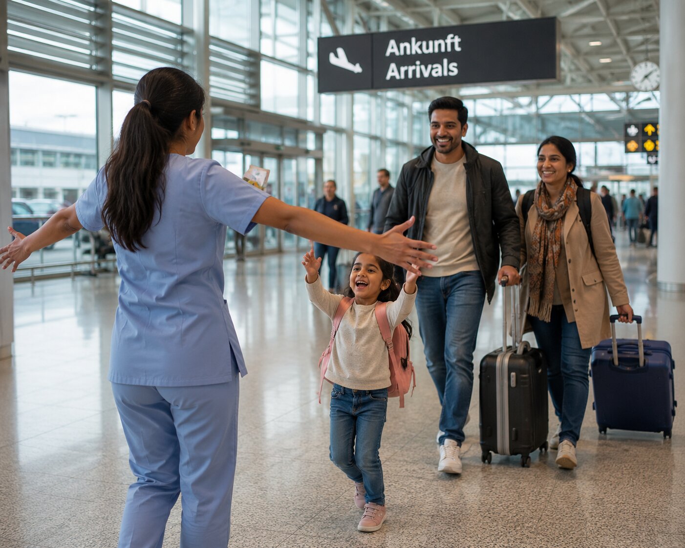 Indian nurse family reunion at a German airport arrivals hall, emotional and joyful moment