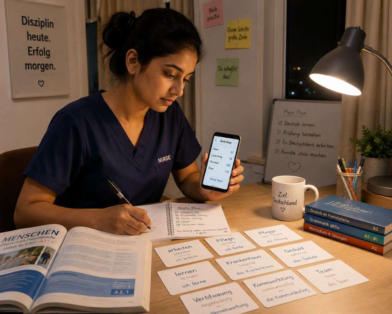 Indian nurse studying German with flashcards and a notebook at her study desk, focused and motivated