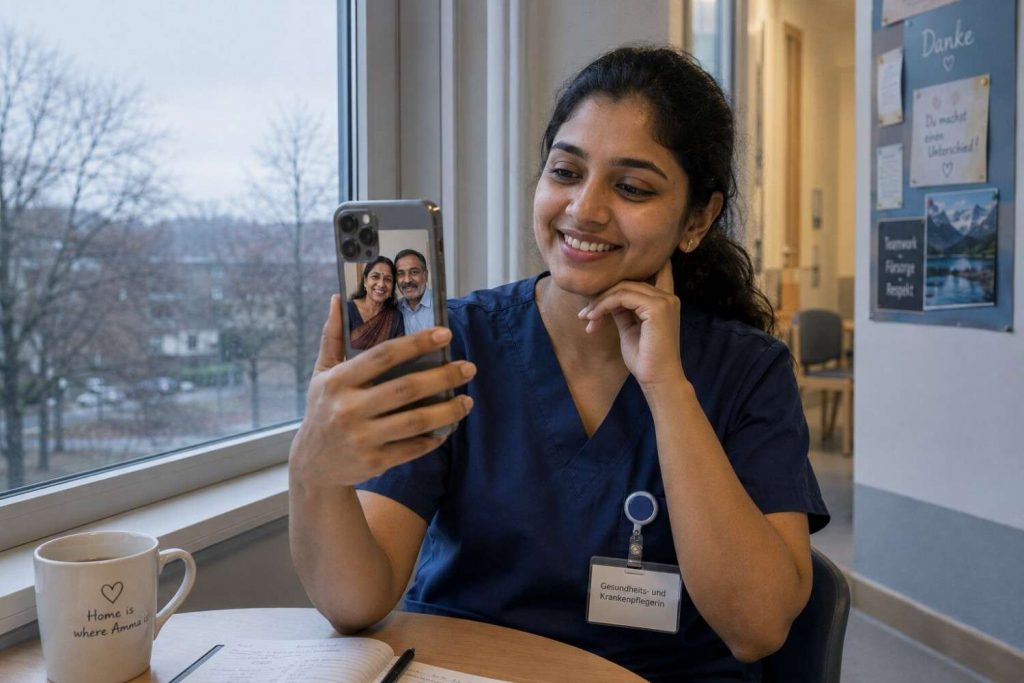 Indian nurse sitting near a window in Germany on a video call with family back home, smiling but with a hint of emotion, warm evening light