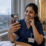 Indian nurse sitting near a window in Germany on a video call with family back home, smiling but with a hint of emotion, warm evening light