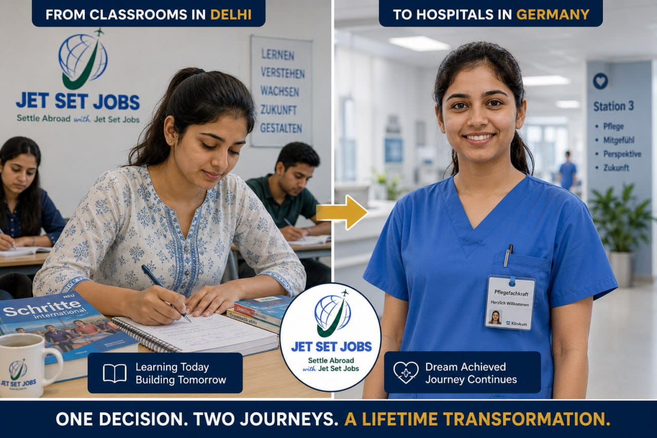 Indian nurse at Jet Set Jobs training centre in New Delhi with a counsellor explaining the Germany placement journey