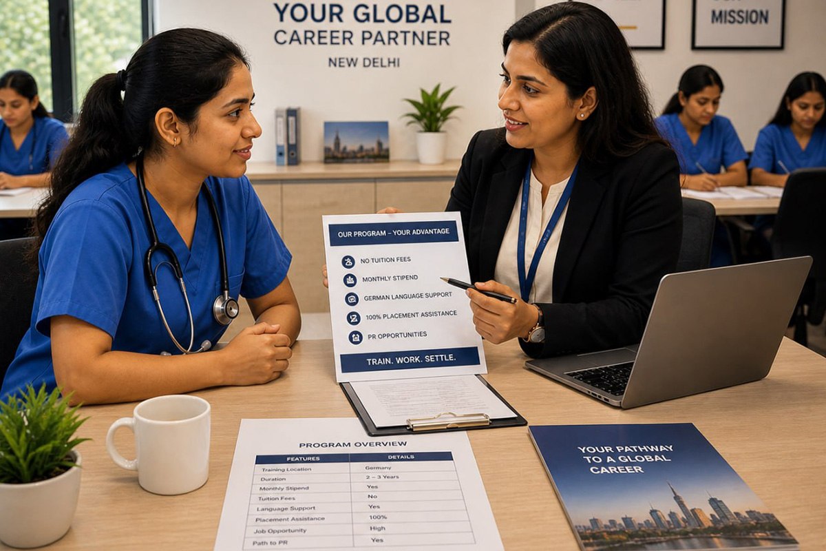 Indian nurse at Jet Set Jobs training centre in New Delhi having a consultation with a counsellor