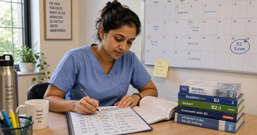 Indian nurse at a study desk with a calendar and German textbooks visible, planning her B2 exam timeline, focused expression, natural light