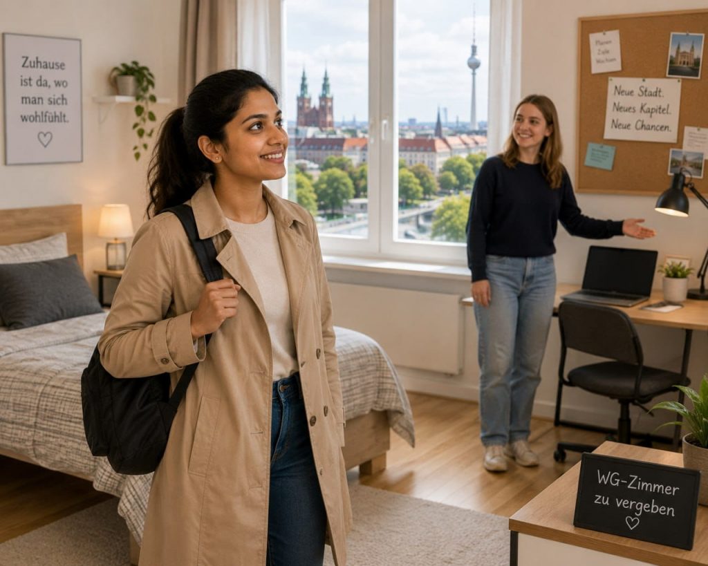 Indian nurse viewing a furnished WG room in a German apartment with a friendly landlord