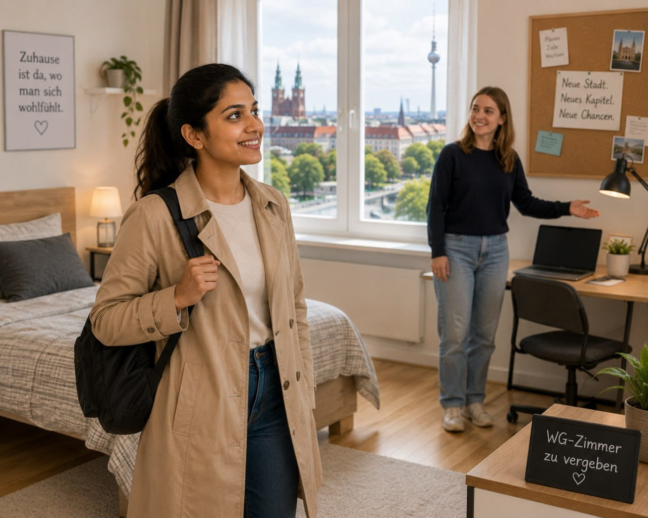 Indian nurse viewing a furnished WG room in a German apartment with a friendly landlord