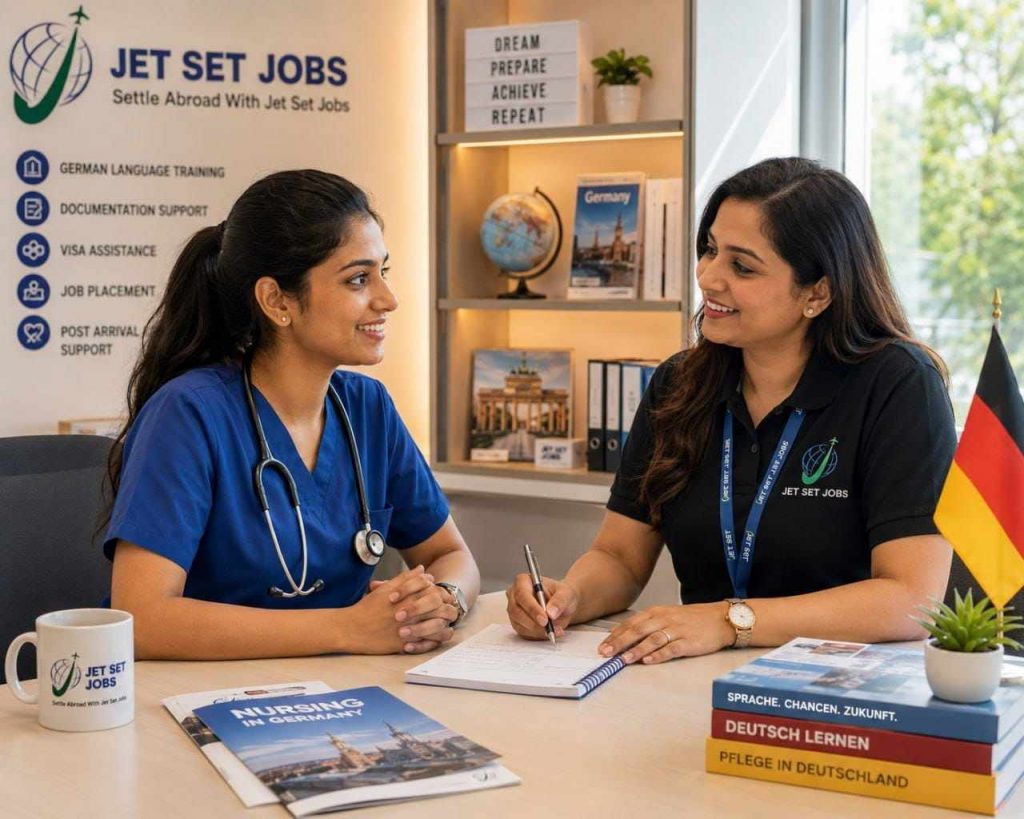 Indian nurse sitting with a Jet Set Jobs counsellor beginning her Germany nursing journey consultation