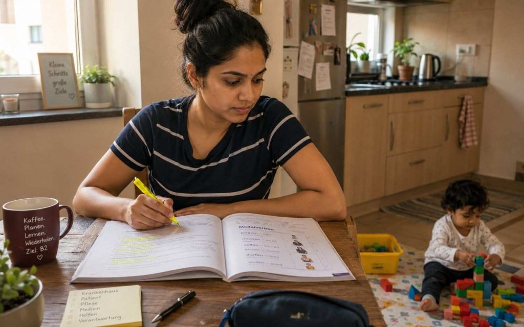 Indian nurse studying a German workbook at a kitchen table while her young child plays nearby, warm domestic setting, calm focused expression