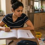 Indian nurse studying a German workbook at a kitchen table while her young child plays nearby, warm domestic setting, calm focused expression