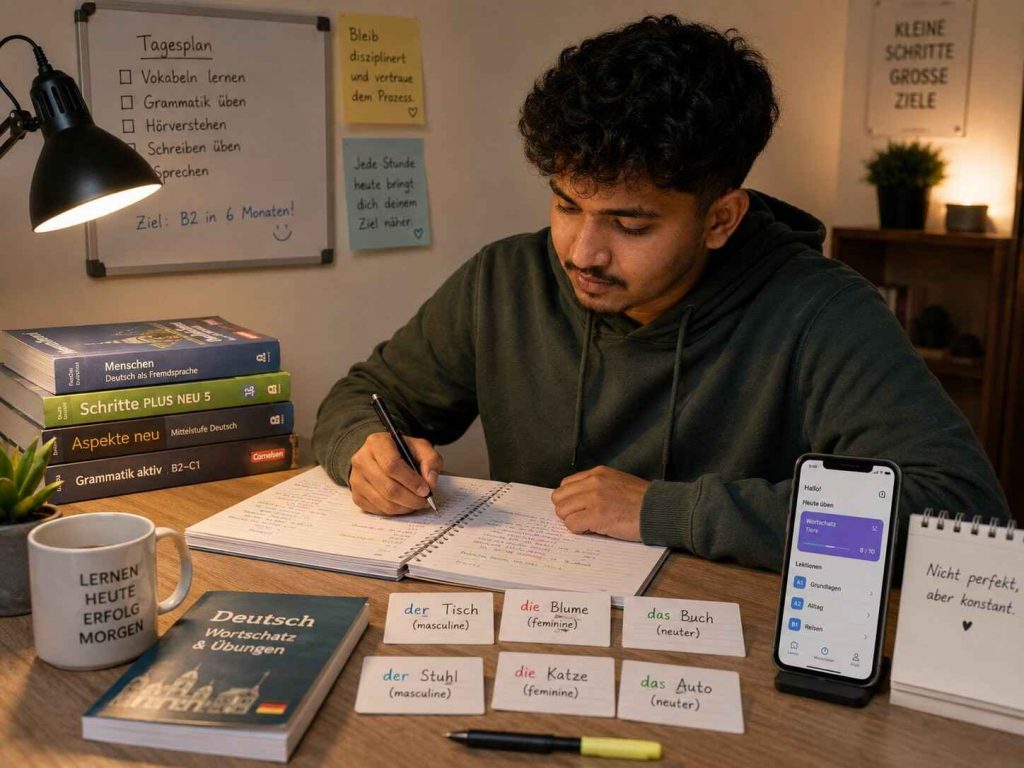 Young Indian student studying German at a desk with textbooks and flashcards, looking focused and determined