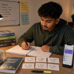 Young Indian student studying German at a desk with textbooks and flashcards, looking focused and determined