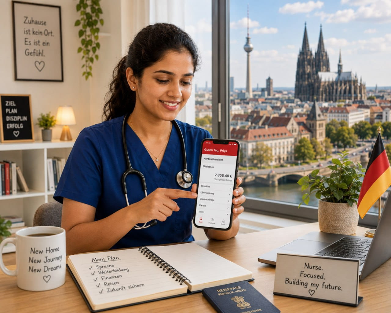 Indian nurse opening a German bank account on her laptop in her new apartment