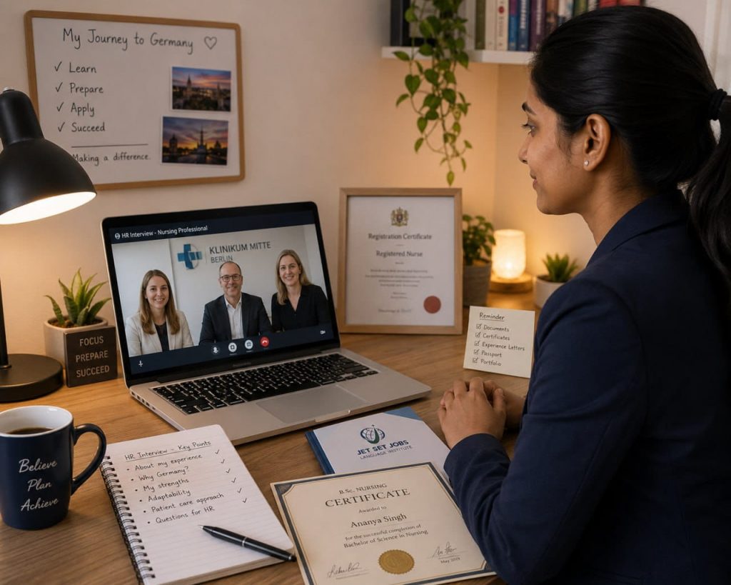 Indian nurse on a video call interview with a German hospital HR team, looking confident and prepared