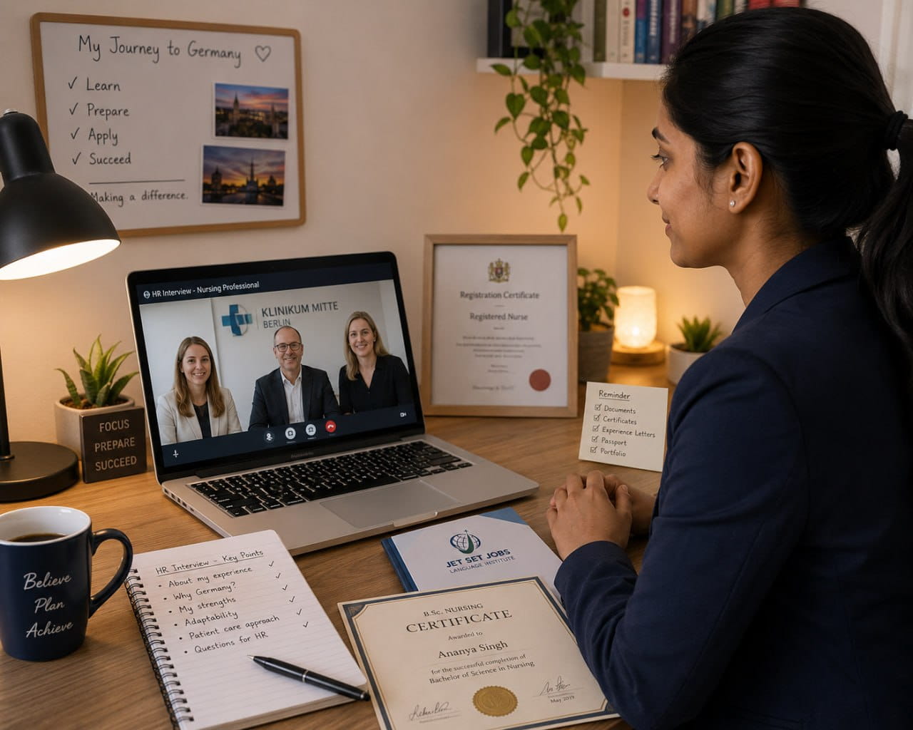 Indian nurse on a video call interview with a German hospital HR team, looking confident and prepared