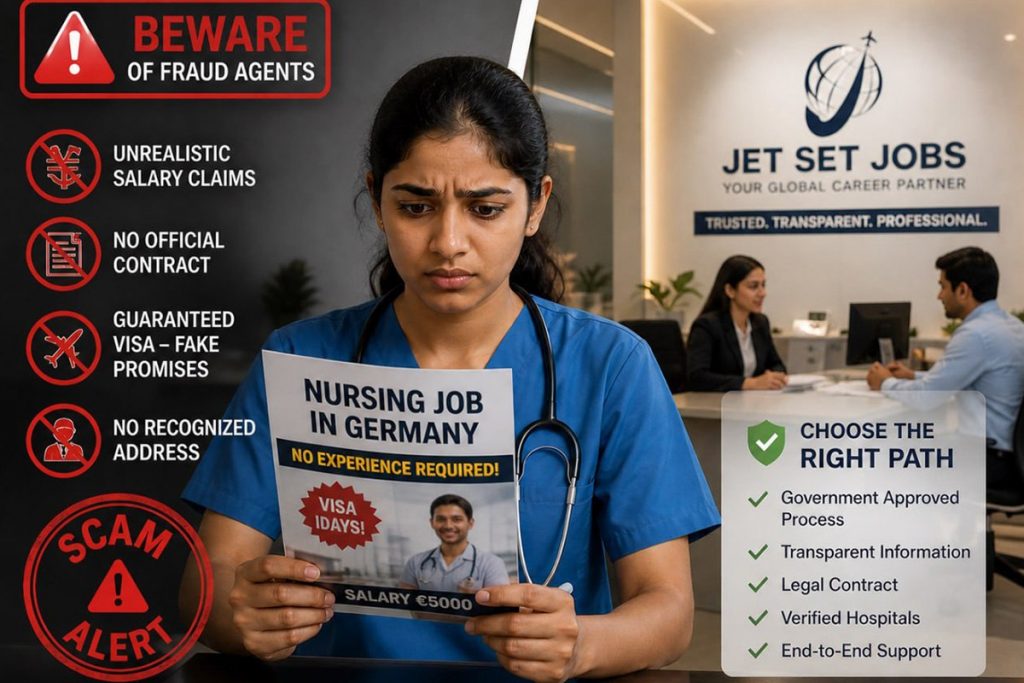 Indian nurse looking concerned at a suspicious recruitment agency brochure with red warning signs