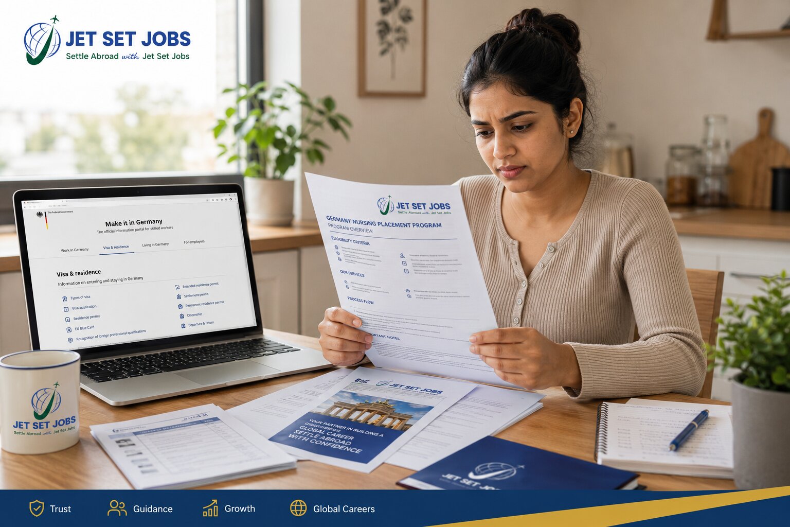 Indian nurse carefully reviewing documents from a placement agency, cautious expression, home setting