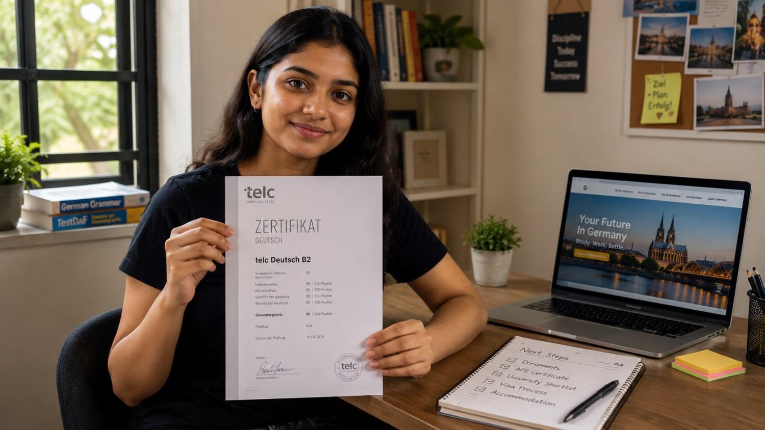 Confident young Indian student holding a B2 German language certificate and smiling, ready for the next step