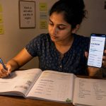Indian nurse at a small desk in a modest home room studying German late at night, dim focused lamp light, determined expression, simple setting