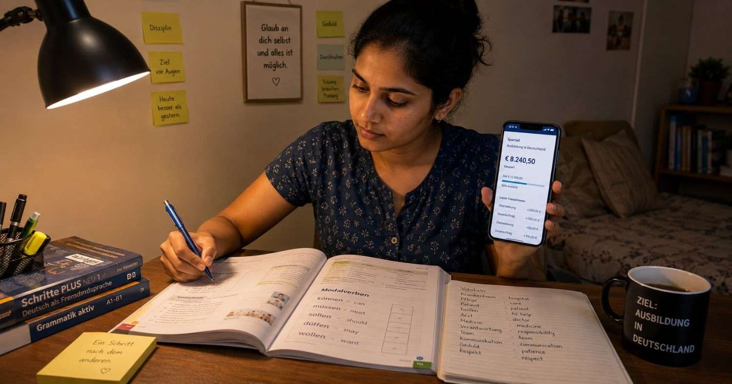 Indian nurse at a small desk in a modest home room studying German late at night, dim focused lamp light, determined expression, simple setting