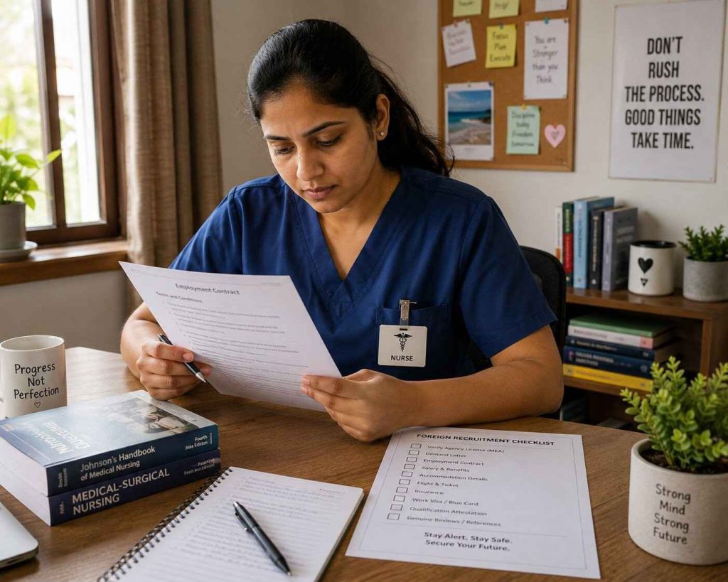 Indian nurse sitting at a desk with a determined but cautious expression, reviewing documents carefully, natural light, pen in hand