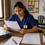 Indian nurse sitting at a desk with a determined but cautious expression, reviewing documents carefully, natural light, pen in hand