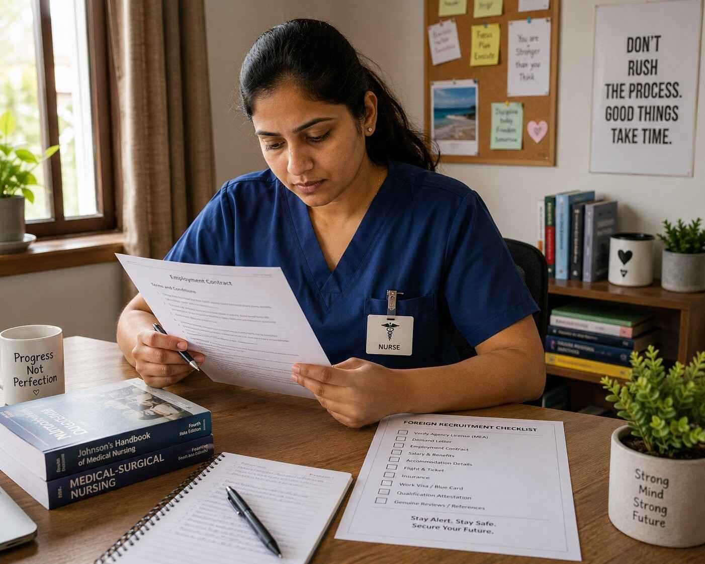 Indian nurse sitting at a desk with a determined but cautious expression, reviewing documents carefully, natural light, pen in hand
