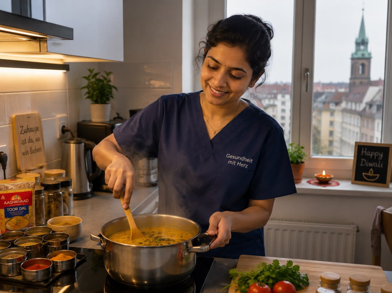 Indian nurse cooking Indian food in her German apartment kitchen with Indian spices on the counter