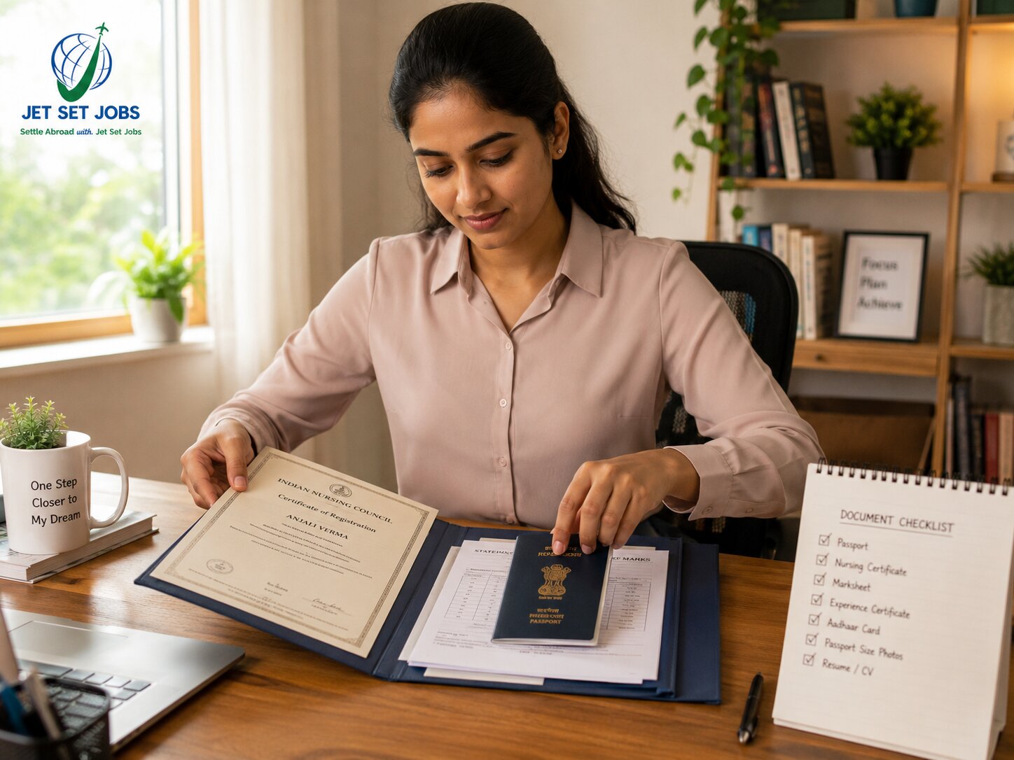 Indian nurse organising nursing qualification documents and certificates on a desk for Germany application