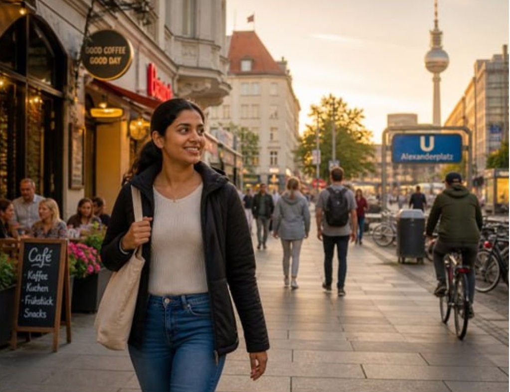 Indian female nurse walking confidently through a safe, clean German city street
