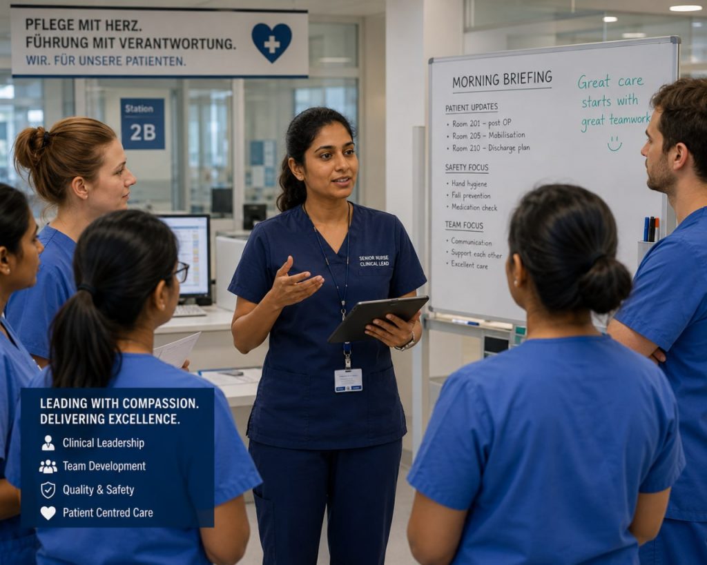 Indian nurse in senior role at a German hospital, leading a team briefing with colleagues