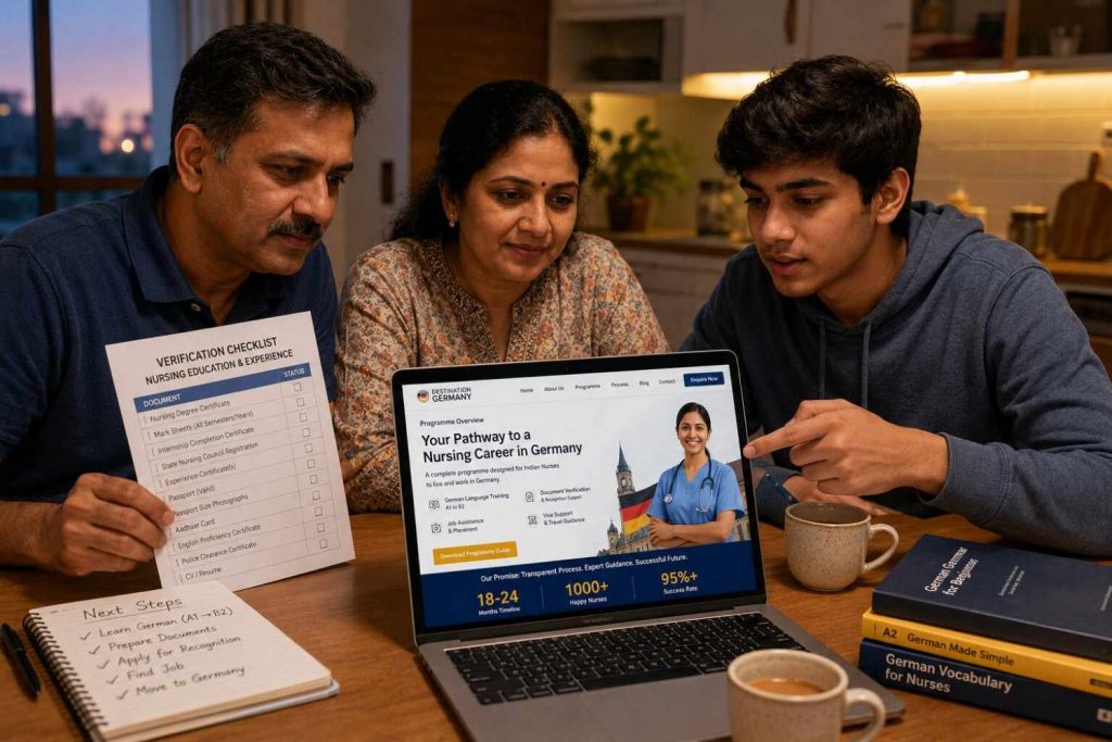 Indian student and parent carefully reviewing documents at a table, laptop open showing JSJ website and Destination Germany verified partnership, checklist visible