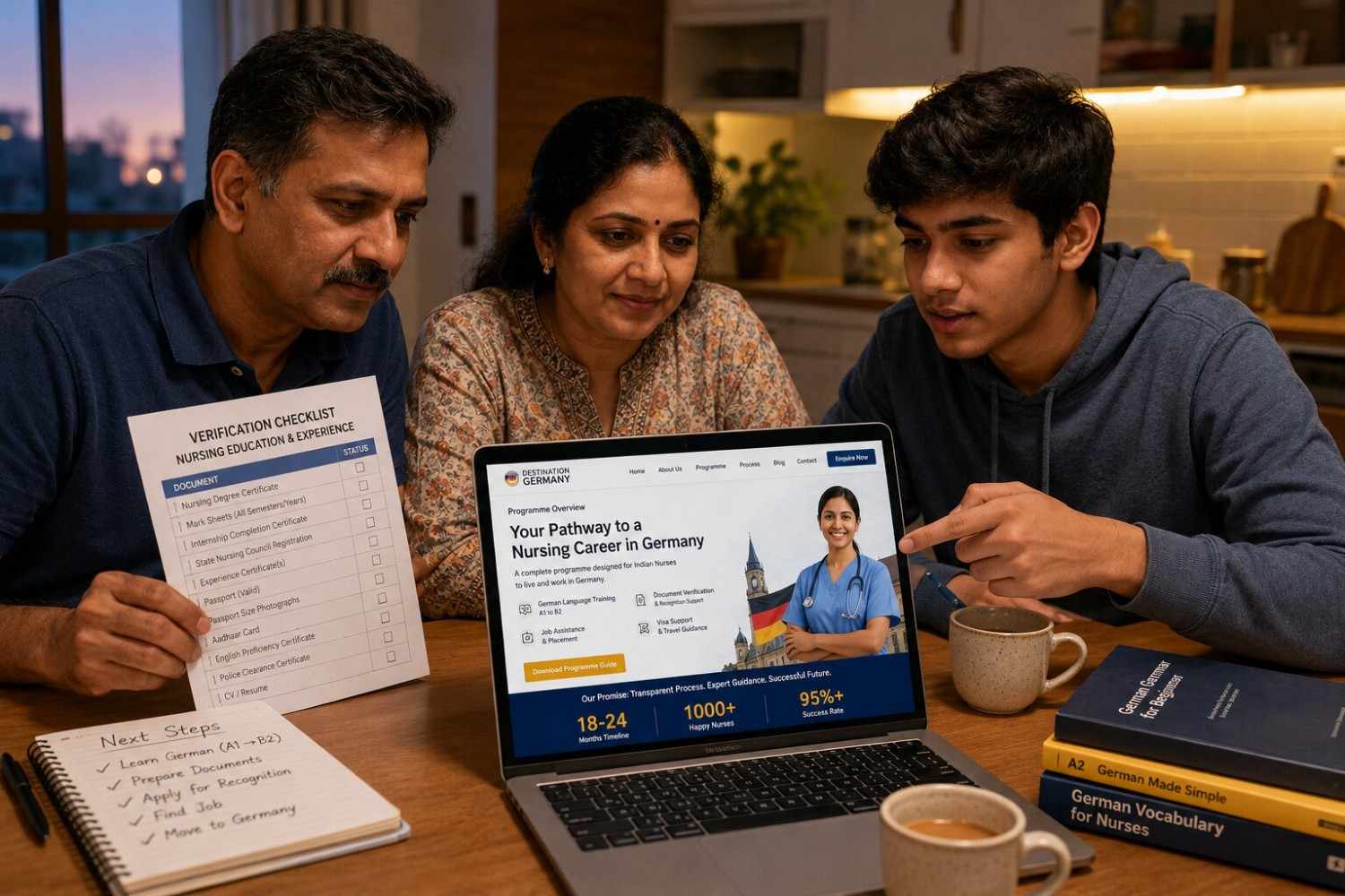 Indian student and parent carefully reviewing documents at a table, laptop open showing JSJ website and Destination Germany verified partnership, checklist visible