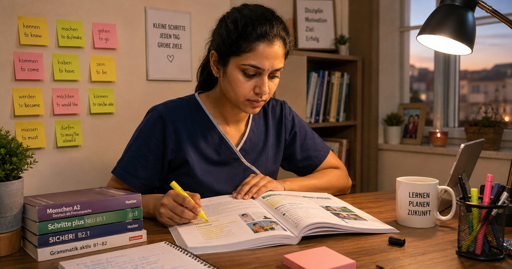 Indian nurse sitting at a desk with a German language textbook, focused expression, warm natural light, determined look