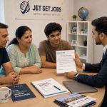 Indian family sitting with a JSJ counsellor in a professional office environment, reviewing official programme documents