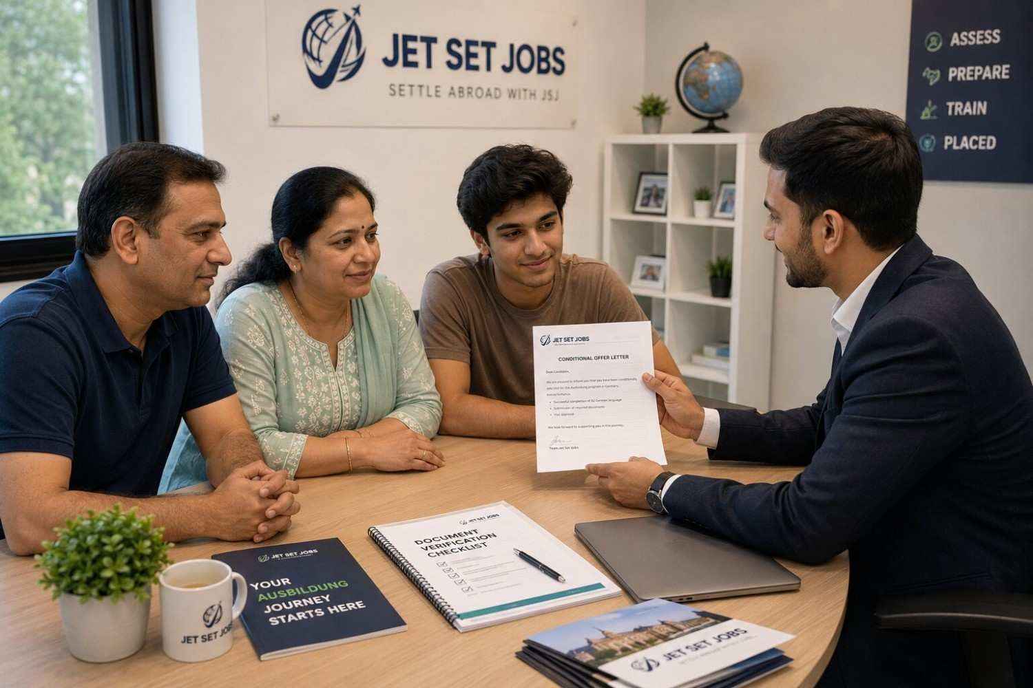 Indian family sitting with a JSJ counsellor in a professional office environment, reviewing official programme documents